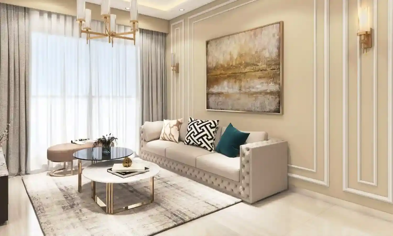 Elegant living room with blue ottoman